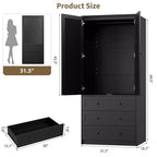 Armoire de 176,5 cm, armoire penderie en bois avec 3 tiroirs, tringle à vêtements, 2 portes, armoire de rangement pour vêtements pour chambre à coucher, porte en rotin