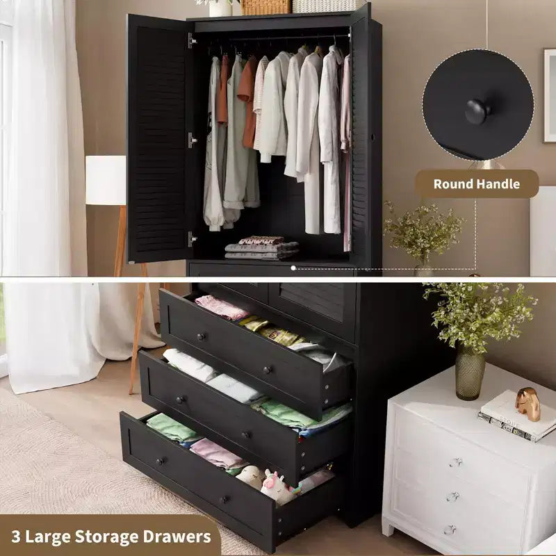 Armoire de 176,5 cm, armoire penderie en bois avec 3 tiroirs, tringle à vêtements, 2 portes, armoire de rangement pour vêtements pour chambre à coucher, porte en rotin
