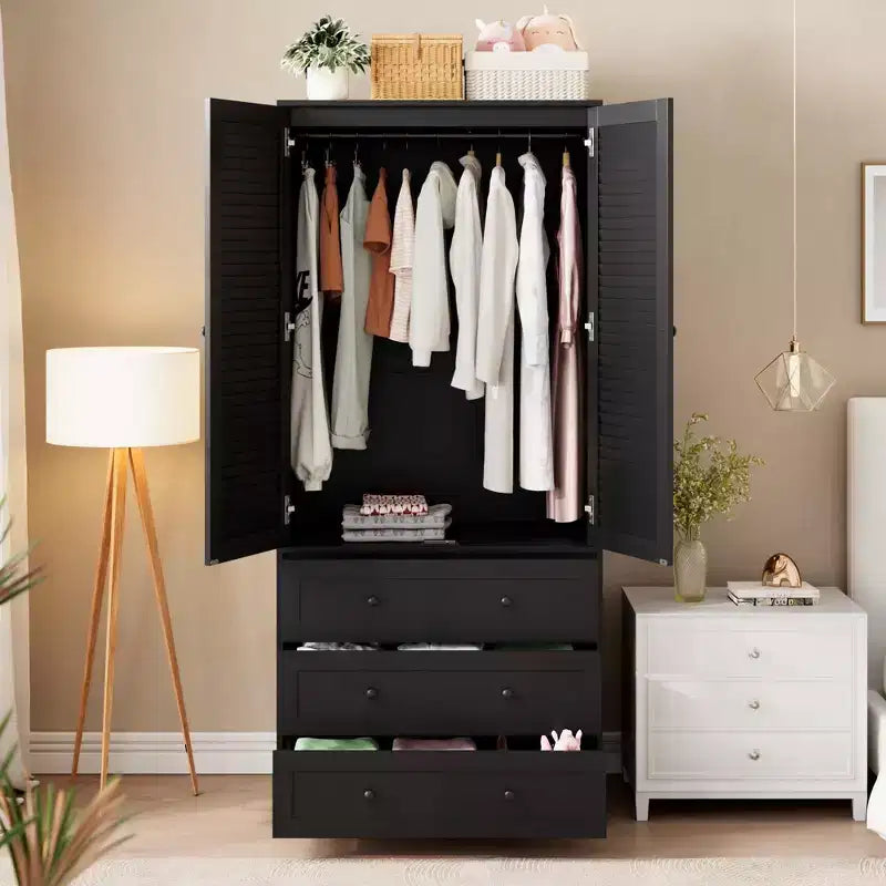 Armoire de 176,5 cm, armoire penderie en bois avec 3 tiroirs, tringle à vêtements, 2 portes, armoire de rangement pour vêtements pour chambre à coucher, porte en rotin