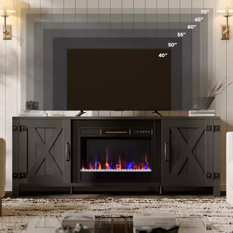 Bestier Meuble TV de cheminée rustique 63 po pour téléviseurs jusqu'à 70 po, centre de divertissement avec cheminée chauffante 23 po et armoire avec porte de grange