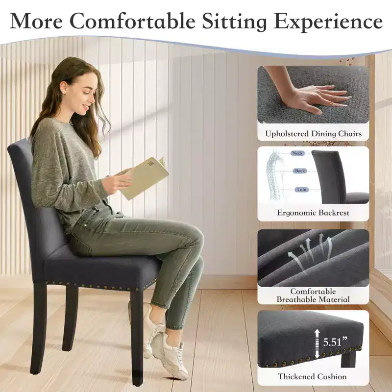 Lot de 2 chaises de salle à manger modernes, chaises de cuisine en tissu rembourré avec garniture cloutée, chaises de salle à manger confortables pour petit appartement, maison