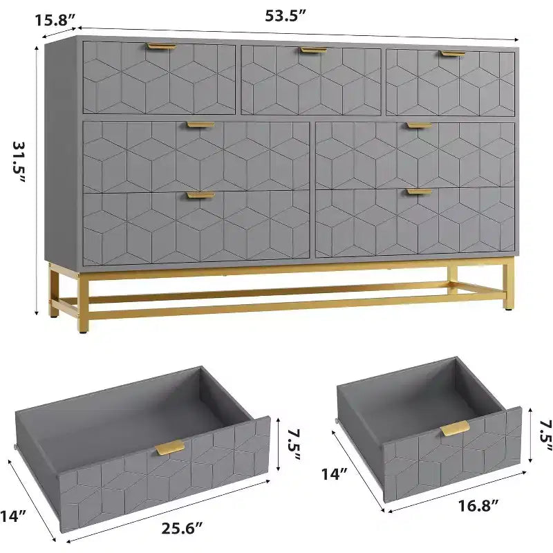 Commode à 7 tiroirs de 136 cm avec pieds en métal, organiseur de rangement moderne pour chambre à coucher, salon, entrée