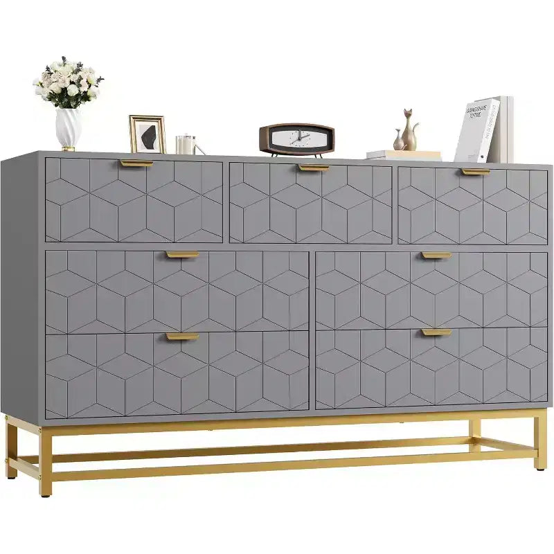 Commode à 7 tiroirs de 136 cm avec pieds en métal, organiseur de rangement moderne pour chambre à coucher, salon, entrée