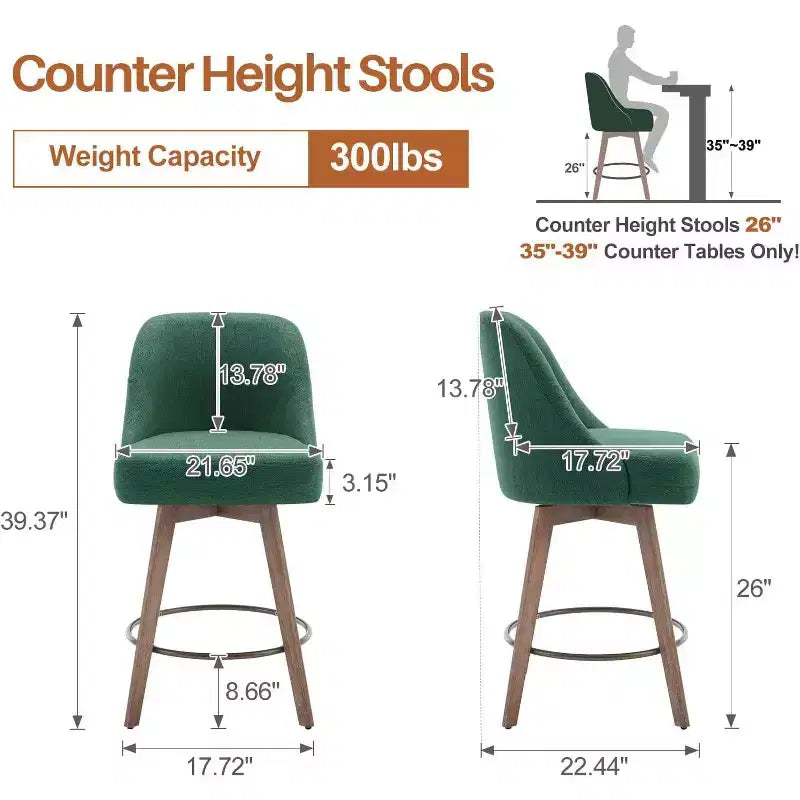 Lot de 4 tabourets de bar pivotants Bekrvio de 66 cm avec dossiers et pieds en bois, tabourets de bar rembourrés en tissu lin/cuir PU pour îlot de cuisine