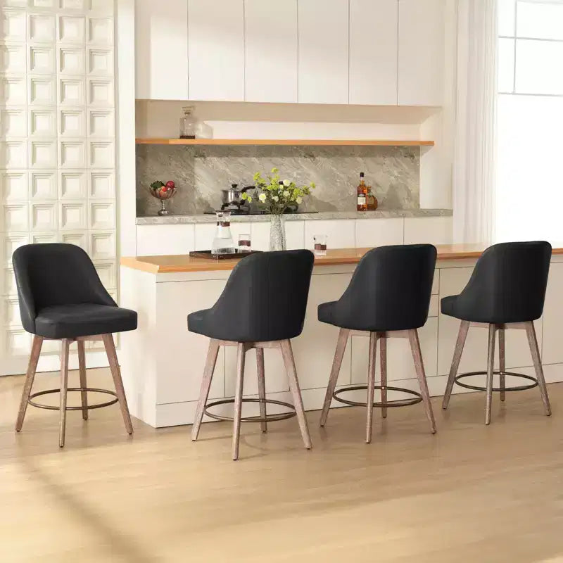 Lot de 4 tabourets de bar pivotants Bekrvio de 66 cm avec dossiers et pieds en bois, tabourets de bar rembourrés en tissu lin/cuir PU pour îlot de cuisine