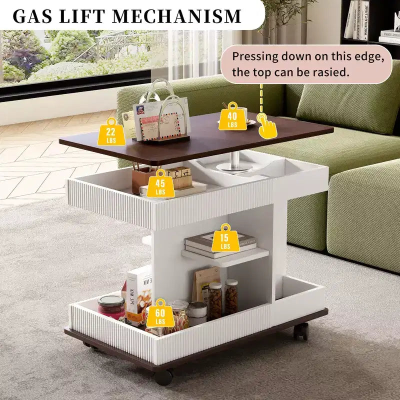 Table d'appoint Bestier avec roulettes, Table d'appoint moderne relevable avec plateau rotatif à 360°, Table de canapé avec espace de rangement pour salon, chambre