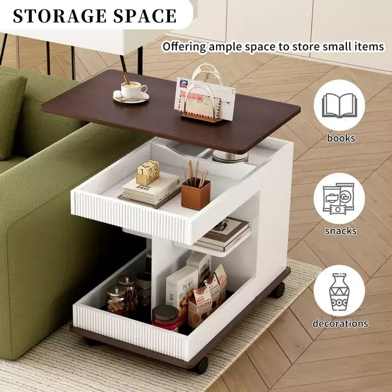 Table d'appoint Bestier avec roulettes, Table d'appoint moderne relevable avec plateau rotatif à 360°, Table de canapé avec espace de rangement pour salon, chambre