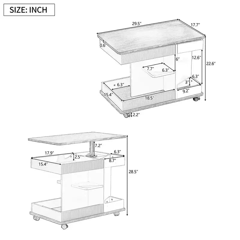 Table d'appoint Bestier avec roulettes, Table d'appoint moderne relevable avec plateau rotatif à 360°, Table de canapé avec espace de rangement pour salon, chambre