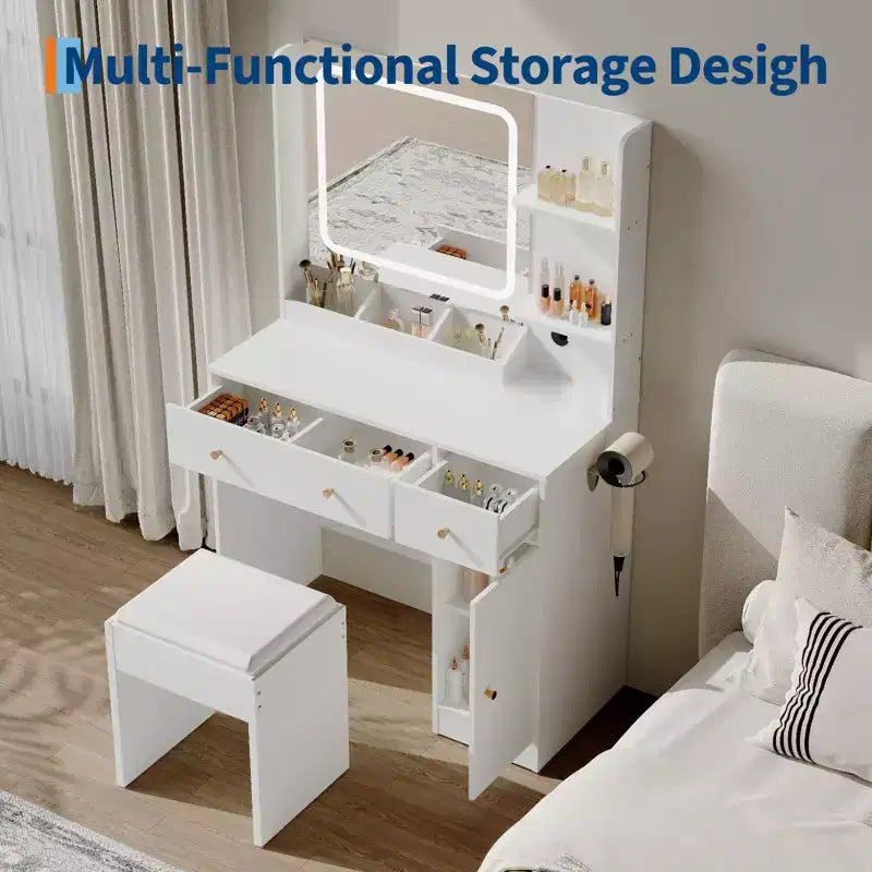 Coiffeuse avec miroir, grande table de maquillage de 94 cm avec tiroirs et tabouret, coiffeuse moderne pour petite chambre à coucher