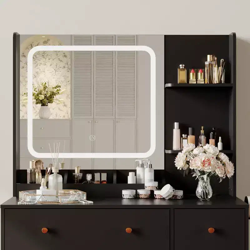 Coiffeuse avec miroir, grande table de maquillage de 94 cm avec tiroirs et tabouret, coiffeuse moderne pour petite chambre à coucher