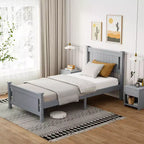 VINGLI Twin Bed Frame Solid Wood Platform Bed Frame, Single Panel Bed with Headboard, No Box Spring Needed Panel Bed, Wood Slat Support, Gray