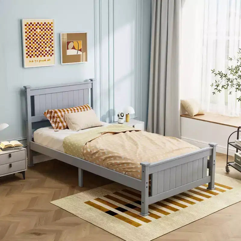 VINGLI Cadre de lit jumeau en bois massif, lit plateforme, lit simple avec tête de lit, pas besoin de sommier tapissier, support à lattes en bois, gris