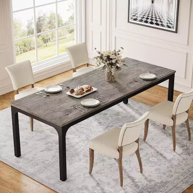 Grande table de collaboration rectangulaire en bois Okak Farmhouse, longue table de salle à manger moderne pour salle à manger, coin petit-déjeuner