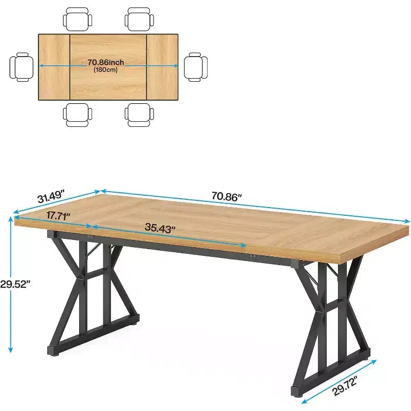 Grande table à manger rectangulaire Okak en bois rustique avec pieds métalliques en X, longue table de cuisine moderne pour salle à manger, repas de famille