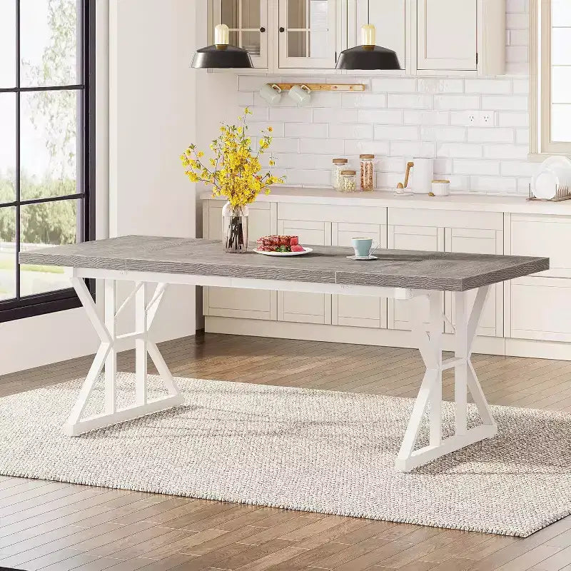 Grande table à manger rectangulaire Okak en bois rustique avec pieds métalliques en X, longue table de cuisine moderne pour salle à manger, repas de famille