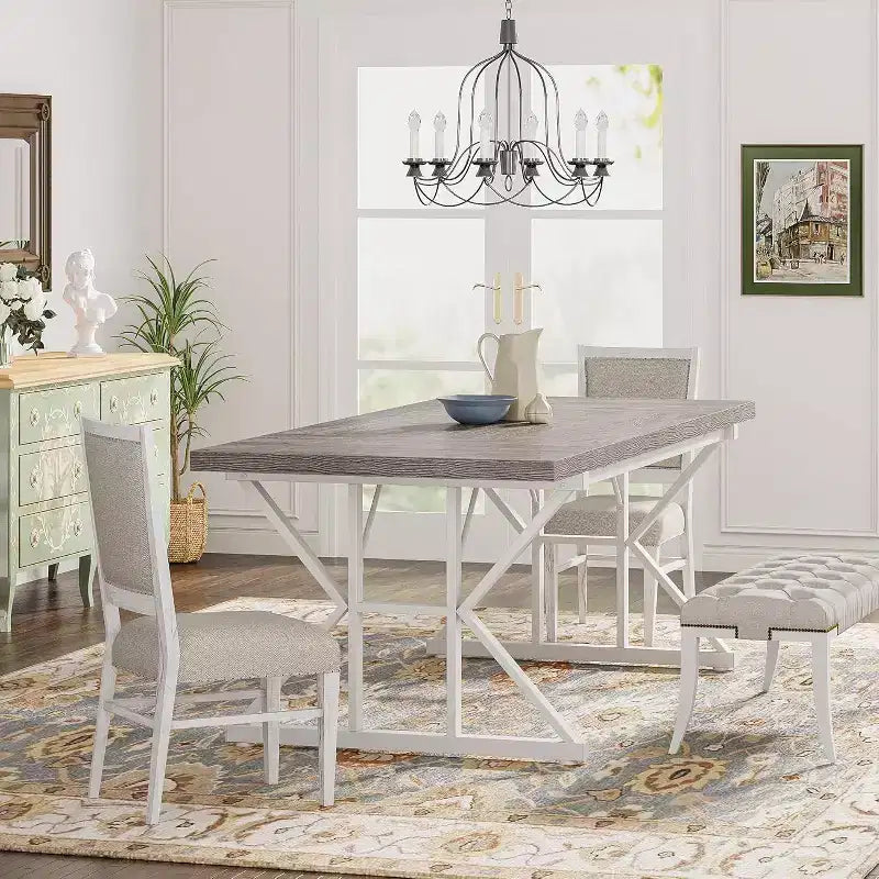 Grande table à manger rectangulaire Okak en bois rustique avec pieds métalliques en X, longue table de cuisine moderne pour salle à manger, repas de famille
