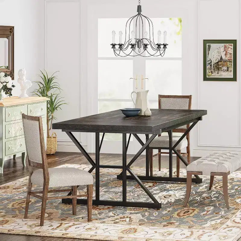 Grande table à manger rectangulaire Okak en bois rustique avec pieds métalliques en X, longue table de cuisine moderne pour salle à manger, repas de famille