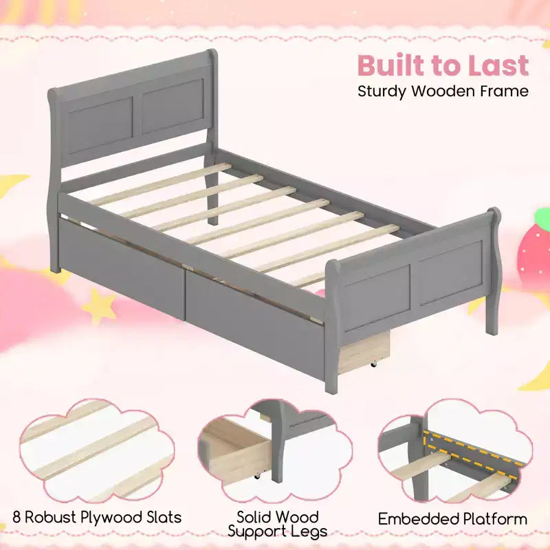 Cadre de lit double Costway avec 2 tiroirs de rangement Lit plateforme en bois avec tête de lit Beige/Blanc