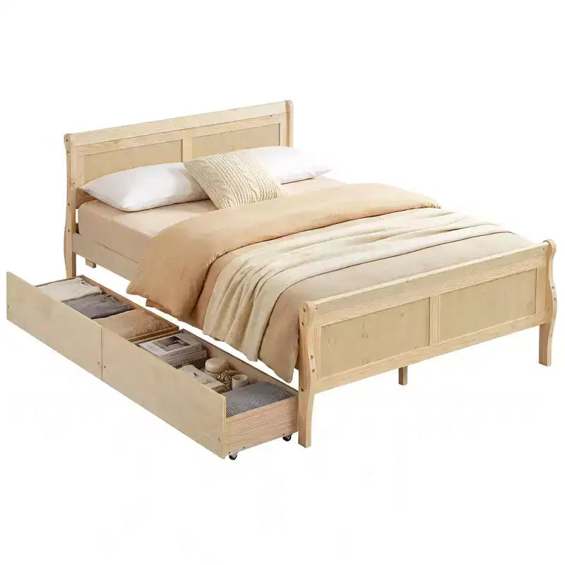 Cadre de lit double Costway avec 2 tiroirs de rangement Lit plateforme en bois avec tête de lit Beige/Blanc