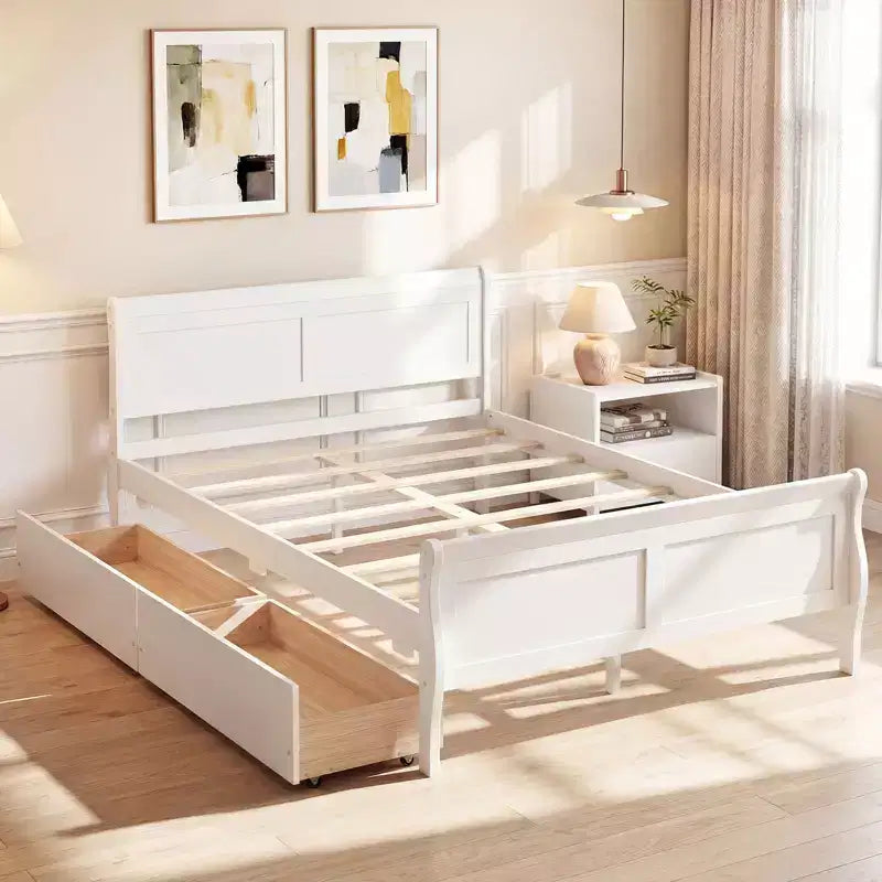 Cadre de lit double Costway avec 2 tiroirs de rangement Lit plateforme en bois avec tête de lit Beige/Blanc