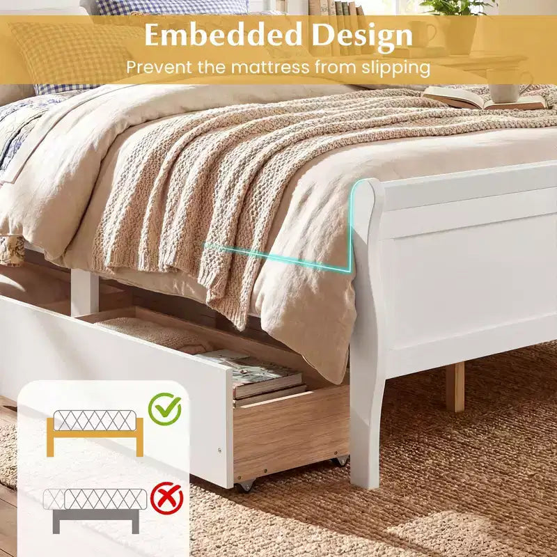 Cadre de lit double Costway avec 2 tiroirs de rangement Lit plateforme en bois avec tête de lit Beige/Blanc
