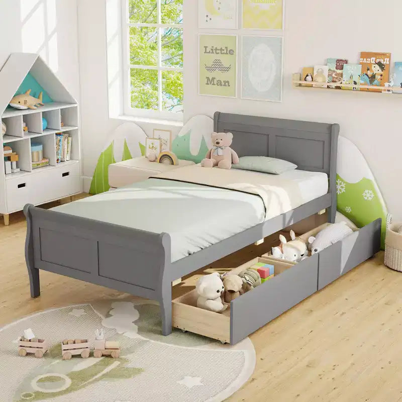 Cadre de lit double Costway avec 2 tiroirs de rangement Lit plateforme en bois avec tête de lit Beige/Blanc