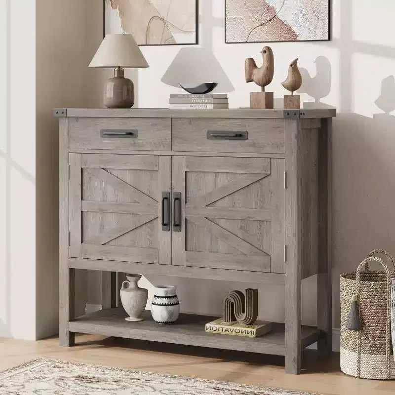 Table d'entrée de ferme avec armoire à 2 portes et 2 tiroirs, console en bois avec rangement, meuble bar à café, buffet pour la maison