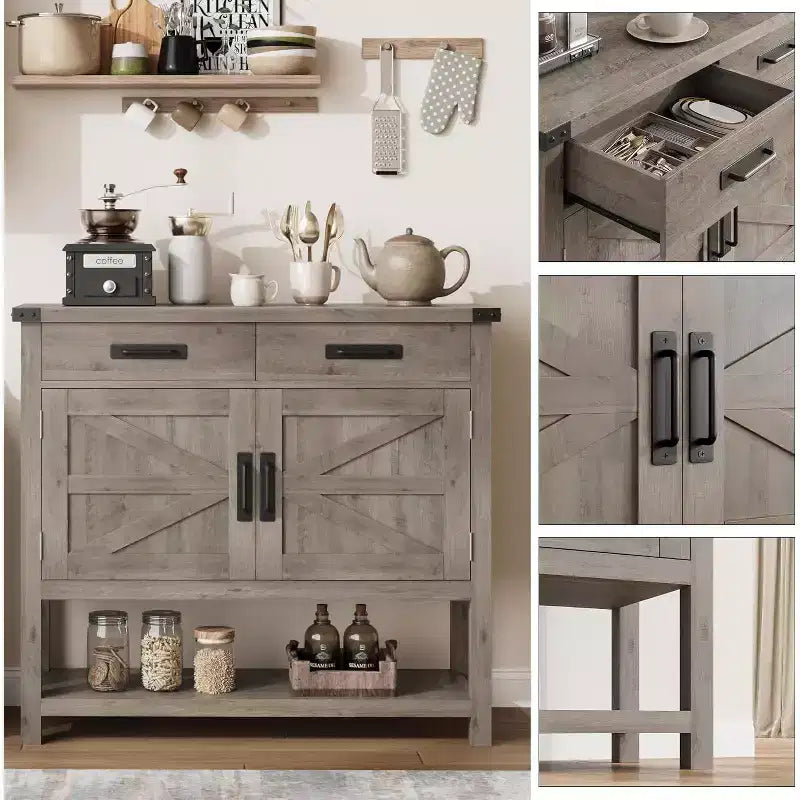 Table d'entrée de ferme avec armoire à 2 portes et 2 tiroirs, console en bois avec rangement, meuble bar à café, buffet pour la maison