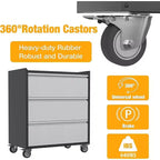 Armoire de rangement métallique à 3 tiroirs sur roulettes, Chariot à outils roulant robuste, Servante d'atelier mobile pour Garage, Atelier, Maison, Bureau, Gris