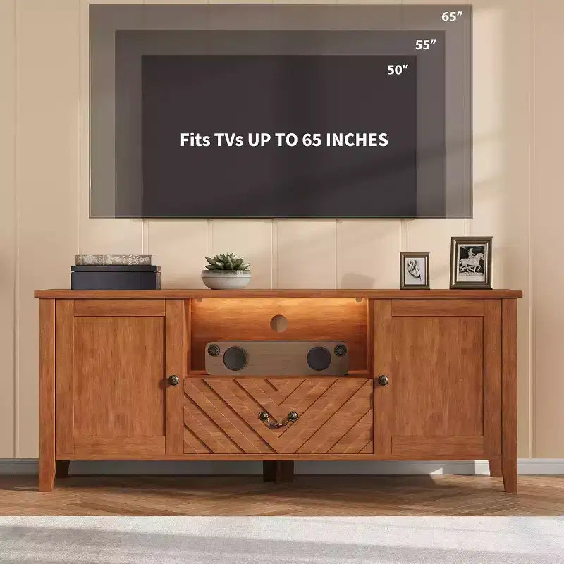 Meuble TV pour téléviseur de 65 pouces, meuble de divertissement avec lumières LED, console TV avec 2 rangements et 1 tiroir, meuble TV rétro en forme de V pour salon