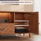 Meuble TV pour téléviseur de 65 pouces, meuble de divertissement avec lumières LED, console TV avec 2 rangements et 1 tiroir, meuble TV rétro en forme de V pour salon