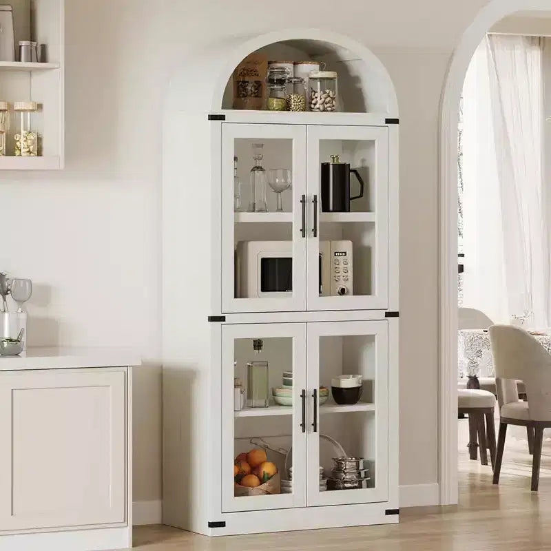 Coolmee Arched Bookshelf with Doors, Farmhouse Display Storage Shelves, 71.4in Tall Wooden Rounded Bookcases for Living Room, Kitchen, Office