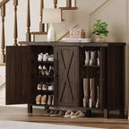 Coolmee 4-Tier Shoe Cabinet with Doors, Farmhouse 35'' Shoe Storage Cabinet for Entryway, Large Shoe Organizer Cabinet for Living Room Hallway