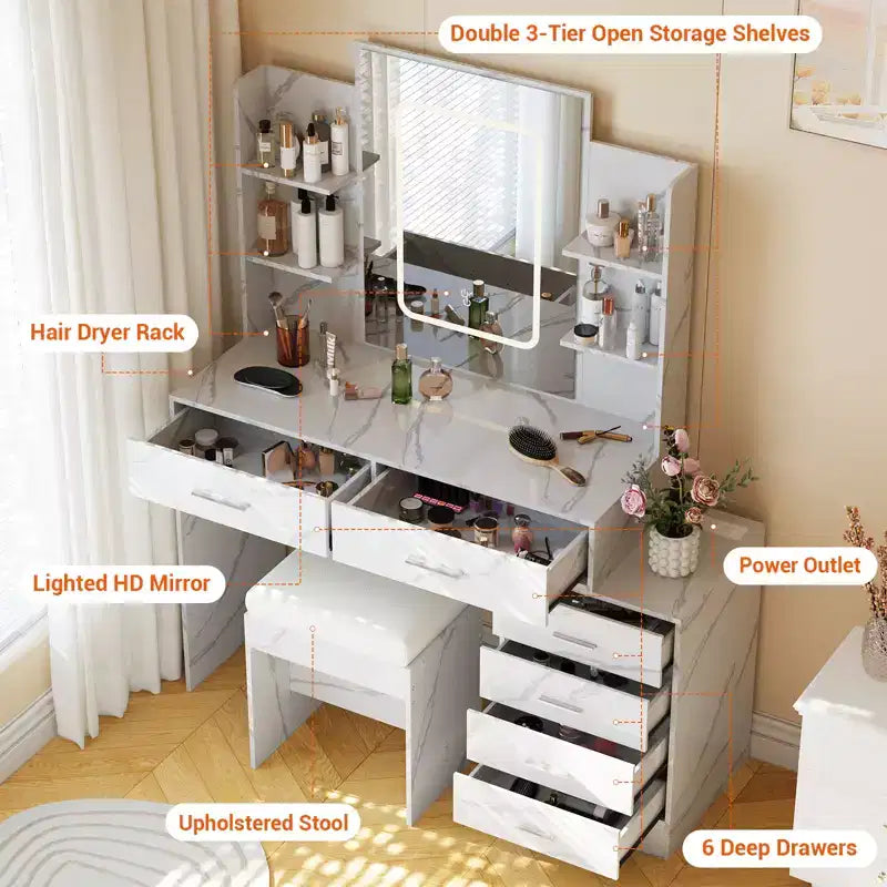 COZONY Coiffeuse avec Miroir et Lumières, Table de Maquillage avec 6 Tiroirs, Étagères, Station de Charge, Tabouret et Éclairage Réglable 3 Couleurs