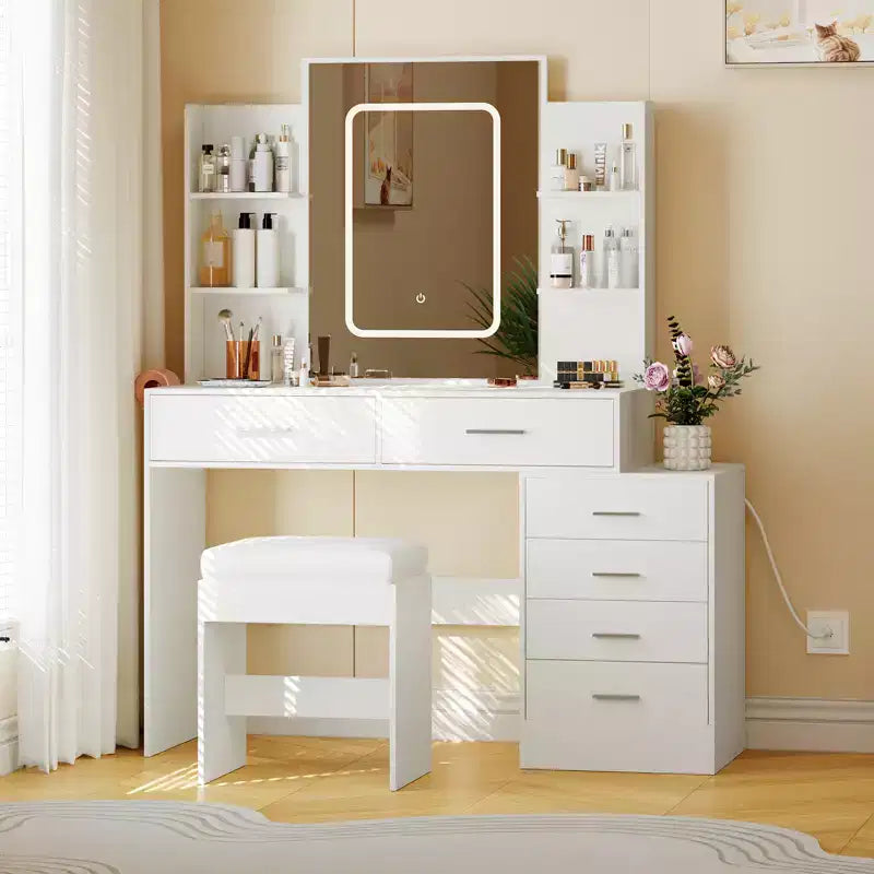COZONY Coiffeuse avec Miroir et Lumières, Table de Maquillage avec 6 Tiroirs, Étagères, Station de Charge, Tabouret et Éclairage Réglable 3 Couleurs