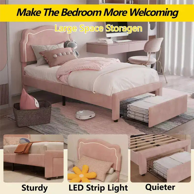 Cadre de lit double en velours COZONY avec tête de lit réglable, lit plateforme de princesse avec lattes en bois, aucun sommier tapissier requis