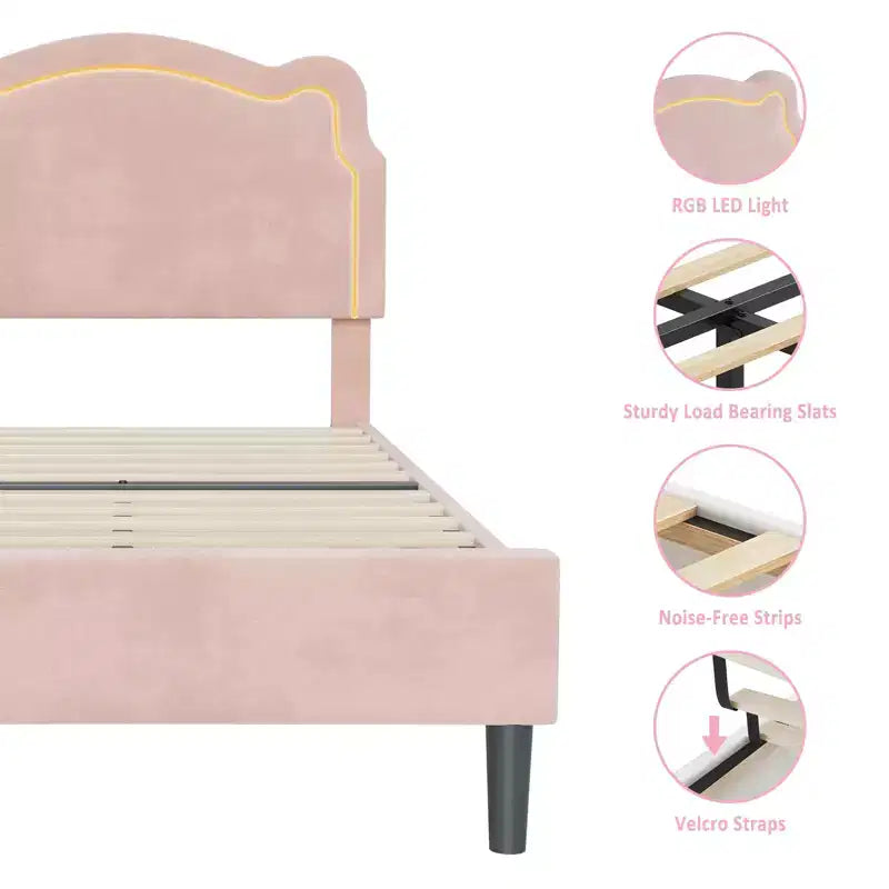 Cadre de lit double en velours COZONY avec tête de lit réglable, lit plateforme de princesse avec lattes en bois, aucun sommier tapissier requis