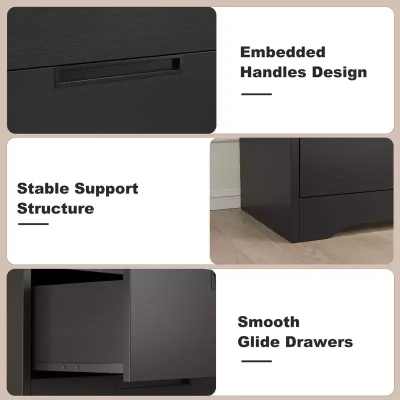 Commode à 5 tiroirs pour chambre à coucher, table de chevet noire avec poignées encastrées, organiseur de commode en bois pour salon, chambre d'enfant, entrée