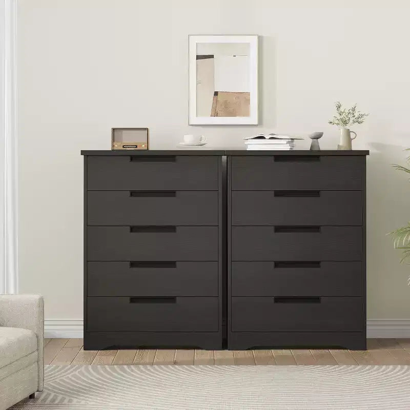 Commode à 5 tiroirs pour chambre à coucher, table de chevet noire avec poignées encastrées, organiseur de commode en bois pour salon, chambre d'enfant, entrée