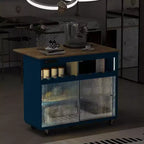 Îlot de cuisine roulant Acekool avec portes coulissantes en verre cannelé, éclairage d'ambiance, comptoir en bois d'hévéa, prises électriques, bleu gris
