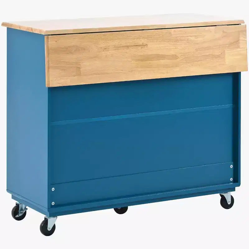 Îlot de cuisine roulant Acekool avec portes coulissantes en verre cannelé, éclairage d'ambiance, comptoir en bois d'hévéa, prises électriques, bleu gris