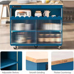 Îlot de cuisine roulant Acekool avec portes coulissantes en verre cannelé, éclairage d'ambiance, comptoir en bois d'hévéa, prises électriques, bleu gris