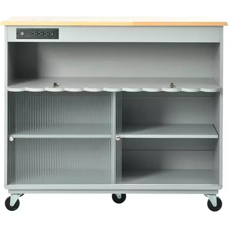 Îlot de cuisine roulant Acekool avec portes coulissantes en verre cannelé, éclairage d'ambiance, comptoir en bois d'hévéa, prises électriques, bleu gris