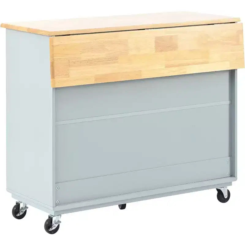 Îlot de cuisine roulant Acekool avec portes coulissantes en verre cannelé, éclairage d'ambiance, comptoir en bois d'hévéa, prises électriques, bleu gris