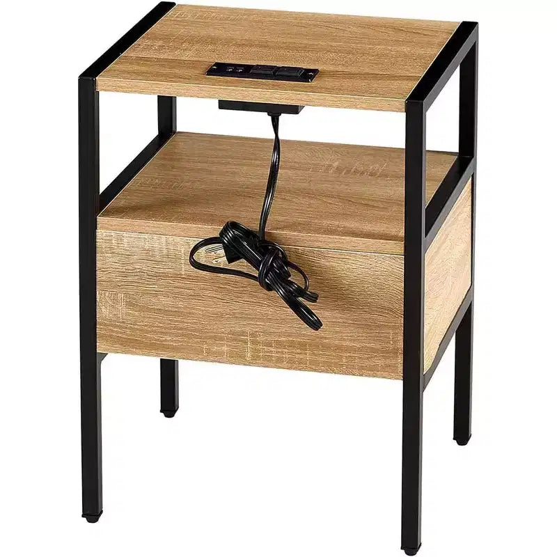 Table de chevet Acekool en rotin avec station de charge, tiroir et étagère ouverte, table d'appoint compacte pour chambre et salon, naturelle