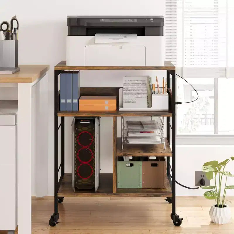 Support d'imprimante, Chariot d'imprimante mobile à 4 niveaux avec 2 prises et 2 ports USB - Support industriel à roulettes (Bureau à domicile/Scanner/Télécopieur)