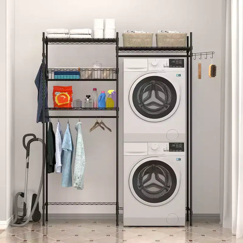 57,4 support de rangement au-dessus de la laveuse et de la sécheuse avec porte-serviettes réglables, panier à linge et crochets, organisation compacte pour la buanderie