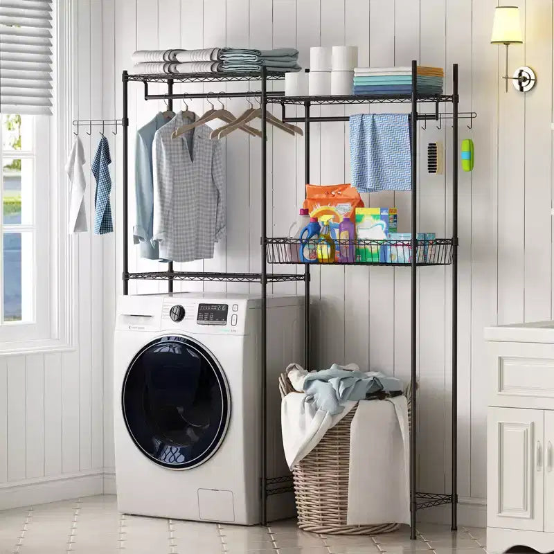 57,4 support de rangement au-dessus de la laveuse et de la sécheuse avec porte-serviettes réglables, panier à linge et crochets, organisation compacte pour la buanderie