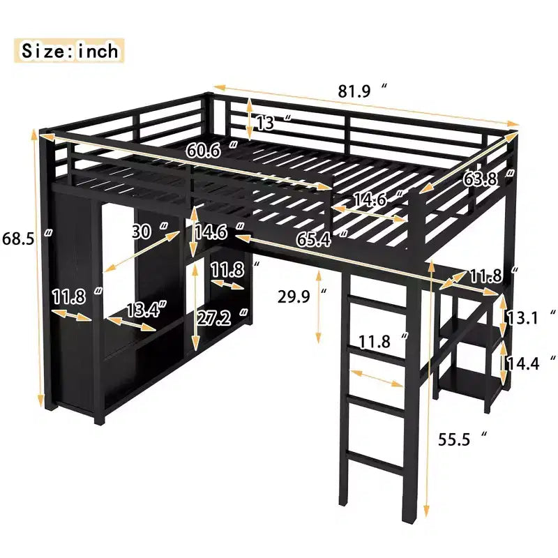 Lit mezzanine Queen Size avec armoire intégrée, Lit mezzanine en métal avec bureau et étagères de rangement Noir