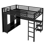 Lit mezzanine Queen Size avec armoire intégrée, Lit mezzanine en métal avec bureau et étagères de rangement Noir